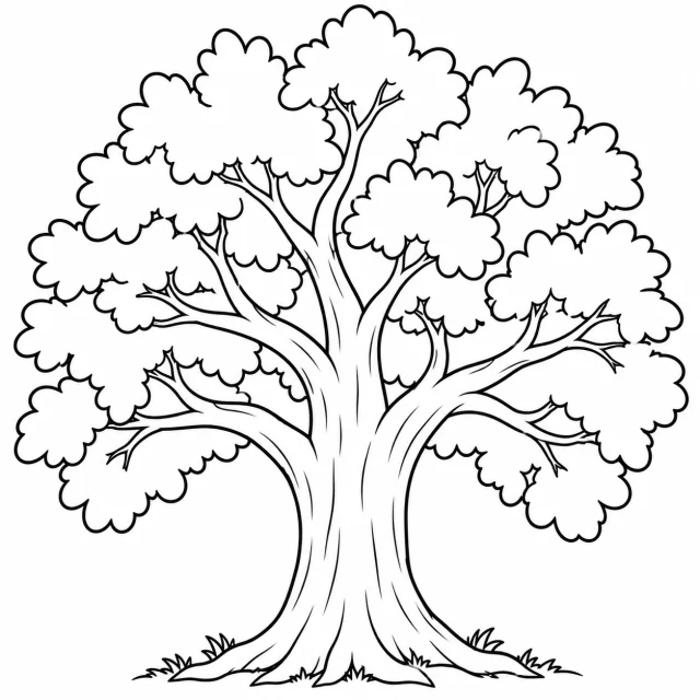 Oak tree black-and-white outline coloring page