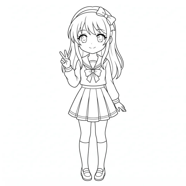 Anime girl black-and-white outline coloring page