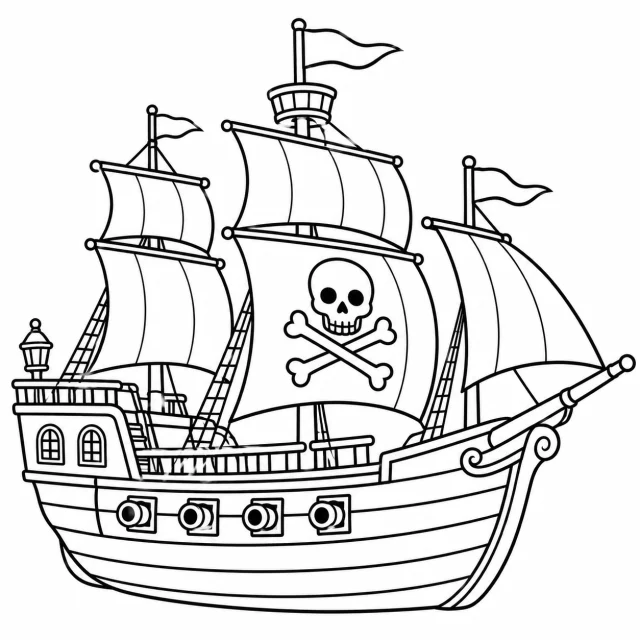 Pirate ship black-and-white outline coloring page