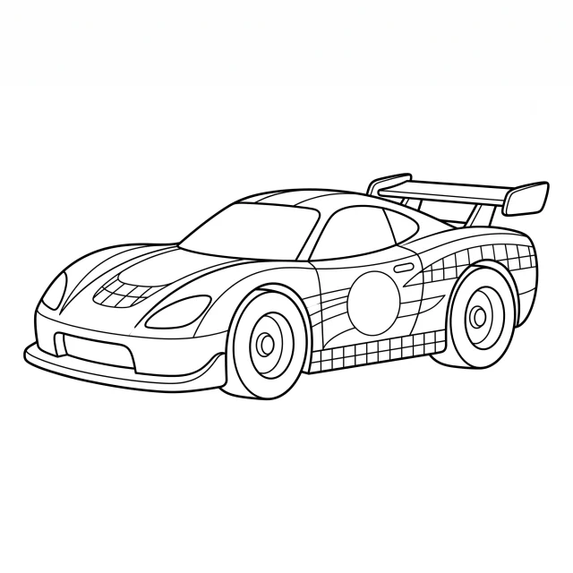 Race car black-and-white outline coloring page